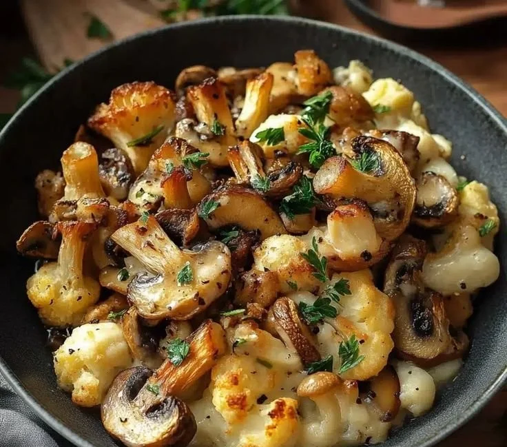 Blumenkohl-Champignons-Pfanne lecker angerichtet auf einem Teller