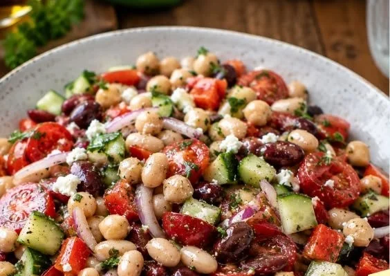 Mediterraner Bohnensalat mit frischem Gemüse und Dressing