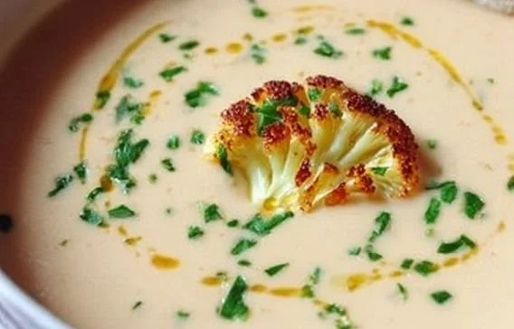 Cremige Blumenkohlsuppe in einer Schüssel, garniert mit frischen Kräutern.