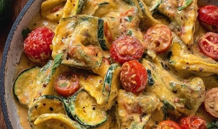 Cremige Maultaschenpfanne mit Zucchini und Tomaten auf einem Teller angerichtet