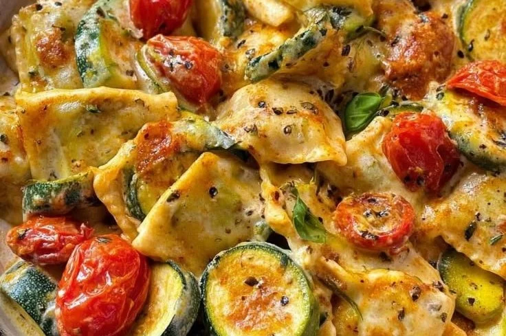 Cremige Maultaschenpfanne mit Zucchini und Tomaten