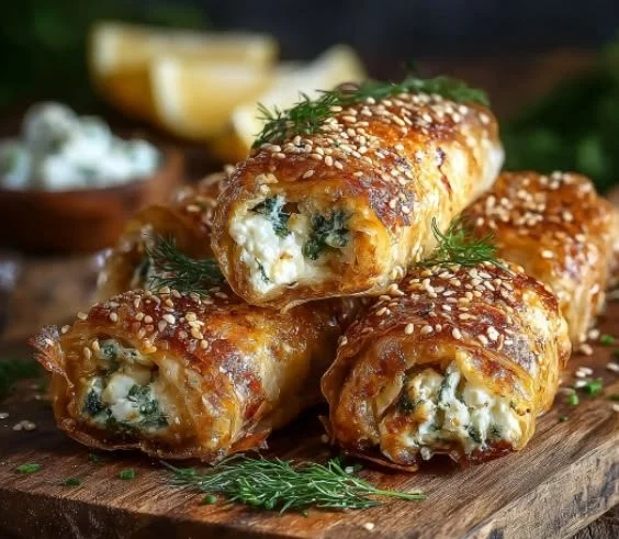 Leckere Feta-Röllchen aus dem Ofen auf einem Teller serviert