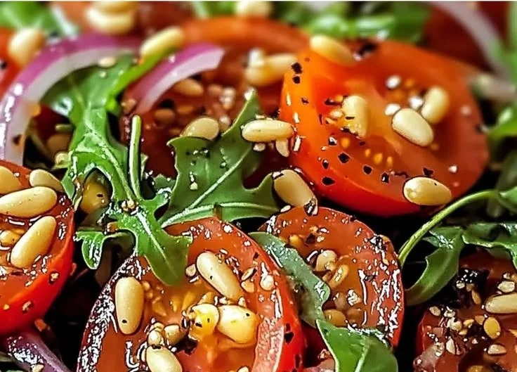 Frischer Tomaten-Rucola-Salat mit Pinienkernen und Dressing