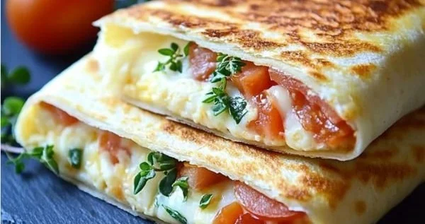 Frühstücks-Wrap mit Ei und Käse auf einem Teller