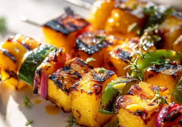 Gegrillte Honig-Senf Kartoffelspieße auf dem Grill serviert