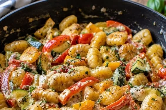 Gnocchi-Gemüse-Pfanne mit Frischkäse auf einem Teller serviert