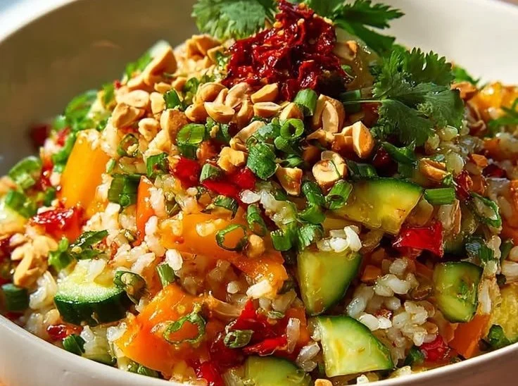 Knuspriger Erdnuss-Chili Reissalat mit frischen Zutaten und Gewürzen