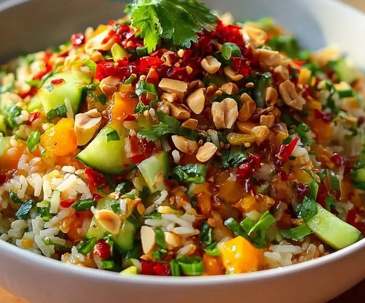 Knuspriger Erdnuss-Chili Reissalat