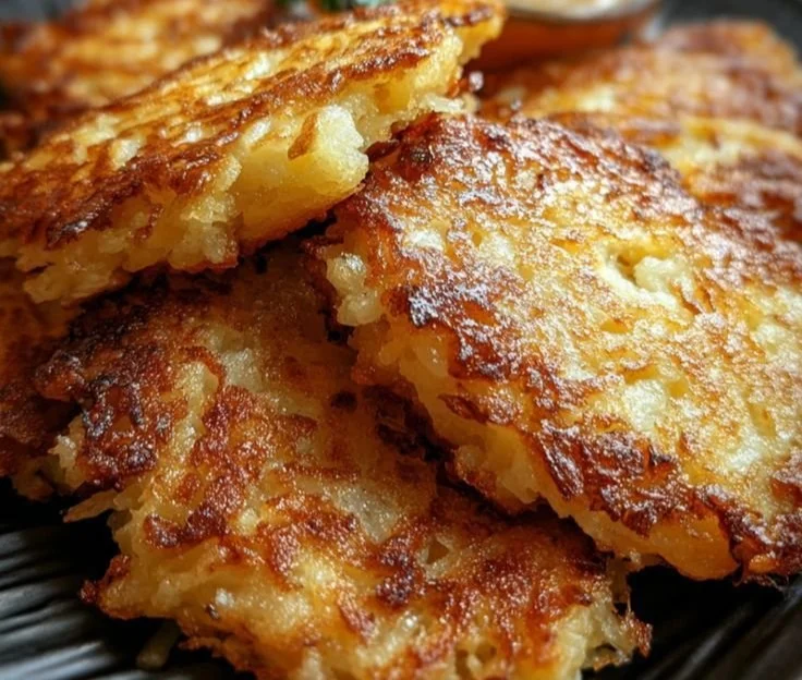 Fettfreie Kartoffelpuffer aus der Heißluftfritteuse auf einem Teller angerichtet.