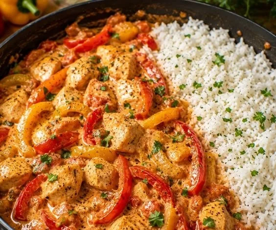 Leckeres Paprika-Hähnchen in einer Pfanne zubereitet mit buntem Gemüse