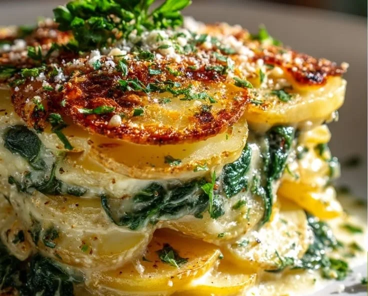 Leckeres Spinat-Kartoffel-Auflauf mit Knoblauch auf einem weißen Teller
