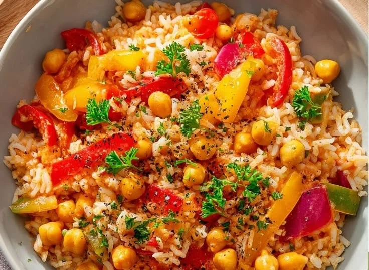 Vegane Paprika-Reis-Pfanne mit Kichererbsen auf einem Teller