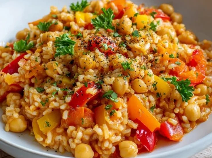 Leckere vegane Paprika Reis Pfanne mit Kichererbsen