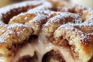 Saftiger Zimtkuchen auf einem Teller mit Zimtstangen